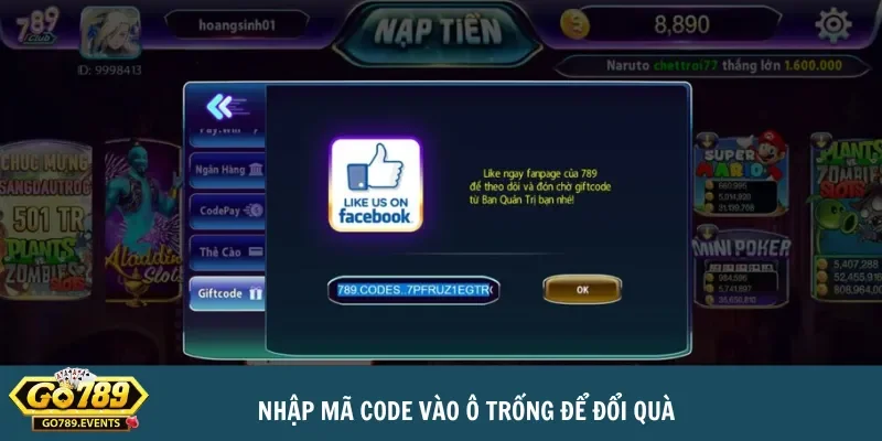 Cách nhận code bắn cá H5 nhanh chóng, dễ dàng cho tân thủ 4 Nhập code vào mục giftcode tại Go789